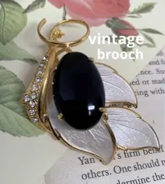 ヴィンテージ オニキス リーフモチーフ ブローチ 古着 レトロ Y2K