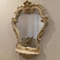 アンティーク調 ロココ鏡 木製 大型 壁掛け鏡 82×60cm 小物置き付き
