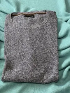 グレー ストライプ クルーネックニット