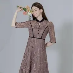 花柄刺繍レースチュールパフスリーブ　ワンピース　ドレス　leja