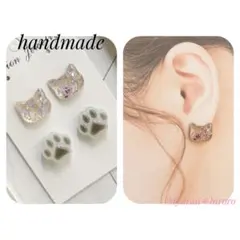 (761)金具変更可能/金属アレルギー対応/猫/レジン/ピアス/イヤリング