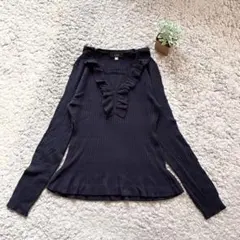 【ESPIE】フリル付きVネックリブニットトップス 長袖 プルオーバー 上品 Sのサムネイル