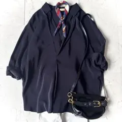 美品 デプレ 日本製 洗えるシルク100% スキッパー 長袖 シャツ ネイビーのサムネイル