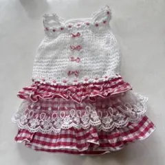 犬服 フリル付きドレス 白と赤ピンクのチェック サイズ4