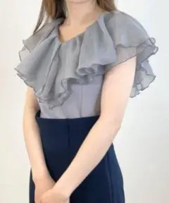 ✨ココディール✨オーガンジーフリルカラーニット　ブルーグレーのサムネイル