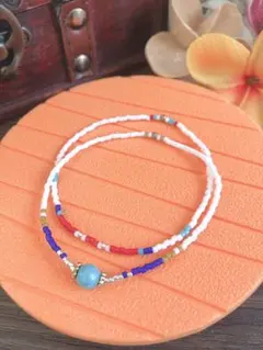 ビーズブレスレット 2個セット ターコイズカラー ハンドメイド 赤(No.40)