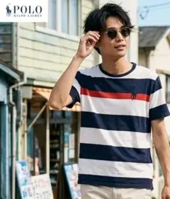 ポロラルフローレン ボーダー Tシャツ 170 メンズS相当 紺白赤 ポニー刺繍のサムネイル