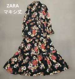 ZARA ザラ 花柄 ロングシャツワンピース 長袖 ブラック マキシ丈 スリットのサムネイル