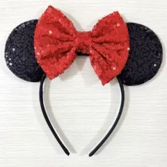 【新品】ディズニー　ミニー　カチューシャ　スパンコール　黒　赤