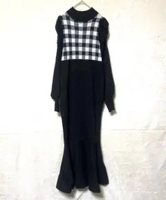 GRL】フリル 長袖 ニットワンピース ブラック チェック Lサイズ マーメイド