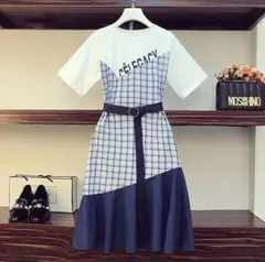 大きいサイズ　レディース　春夏　重ね着風　ワンピース　チェック柄043