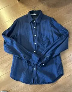 【極美品】BEAMS ビームス　ボタン麻シャツ Sネイビー