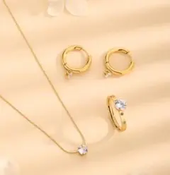 3セット★czダイヤゴールド ピアスリングネックレス サージカルステンレス