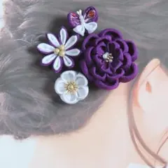 和装や卒業式にも◎紫色の蝶々と花つまみ細工Uピン・ヘアクリップ＆コサージュ