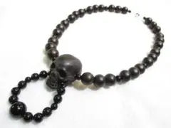 【髑髏(スカル)】一級職人手彫り【縞黒檀】特大３８ｍｍ、小数珠オニキスネックレス