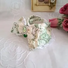 襟付き首輪(グリーン②ローズ)わんちゃん猫ちゃん用