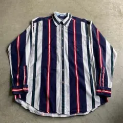 90s Nautica c-boyボタンダウンシャツストライプ刺繍ロゴ白ネイビー