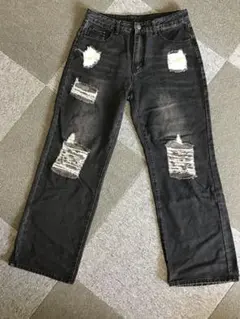 ダメージジーンズ　デニム　ブラック　L　ストレート