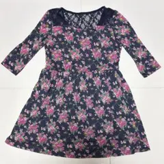 花柄 ワンピース ネイビー レース 七分袖 フレア ガーリー M 着丈約75cm