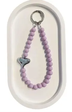 【No.93】スマホストラップ　ビーズストラップ　パープル×シルバー　ハート