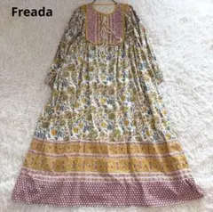 A82/A83 くすみ赤青 花柄 ハンドブロックプリント ワンピース L/XL