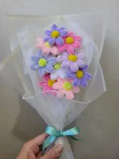 【ハンドメイド】モールフラワー花束 パステルデイジーブーケ。 枯れないお花