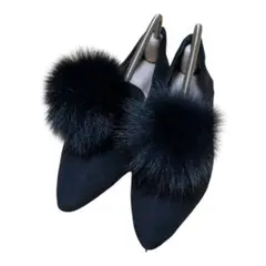 極ふわボリュームファー❤️ポインテッドトゥ フラットパンプス 黒 36（23cm）