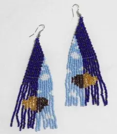 ピアス ビーズ フリンジ 大ぶり お洒落 エスニック ブルー