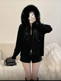 女性用ファーカラー付きフーデッドニットカーディガン、ルーズフィット 秋アウター