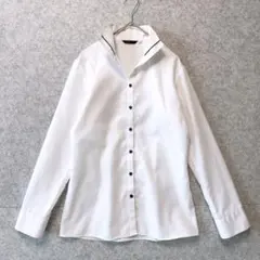 上品 スーツセレクト 長袖 シャツ ブラウス ホワイト ネイビーパイピング 11のサムネイル