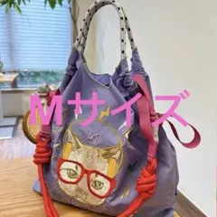 新品 エコバッグ 刺繍 ナイロン ストラップ付 猫柄Mサイズ
