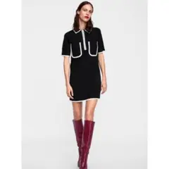 ZARA コントラストトリム付き半袖ニットワンピース