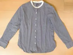 【無印良品】ストライプ 長袖シャツ ノーカラー Mサイズ 青×白 コットンのサムネイル
