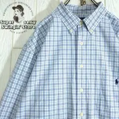 人気 ラルフローレン 長袖シャツ 2XL ブルー チェック ボタンダウン 古着