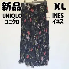 新品 未使用 ユニクロ イネス ツイストプリーツスカート XL 花柄 ネイビーのサムネイル