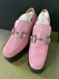 GUCCI ホースビットローファー クロコ型押し ピンク 厚底プラットフォーム