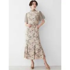 ラグナムーン　LADYジャガードレースフレアワンピース　リボン　パフスリーブ　M