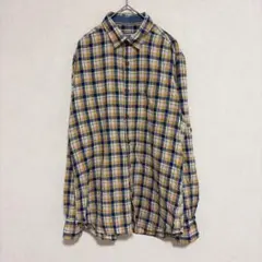 ライフ チェック シャツ レギュラーカラー ロールアップ袖 S 黄青白 綿麻のサムネイル
