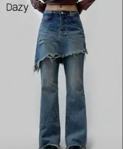 DAZY 2in1 デニム スカートパンツSサイズ フレアダメージ加工
