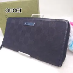 【美品】グッチ 長財布 GGキャンバス シルバープレート ラウンドファスナー