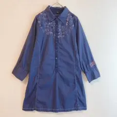 （ L）レディース シャツ チュニック ロゴ 花柄 刺繍 七分袖