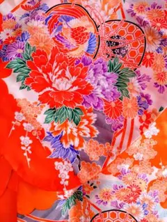 七五三オレンジの華やかな花柄着物 帯・帯締め・バック・草履・その他フルセット