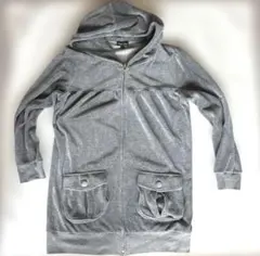 00s Y2K CUTE LOVE ギミック ベロア ロングパーカー グレー古着