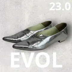 EVOL シルバー ポインテッドトゥ ローヒール パンプス 23.0