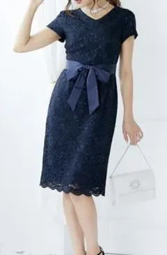 新品　Ｓ●膝丈ワンピース　ネイビー　フォーマルワンピース　レディース　リボン