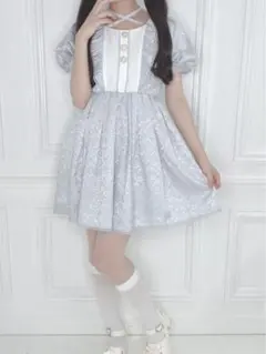 Honey Cinnamon スクエアネックジャガードワンピース サックス