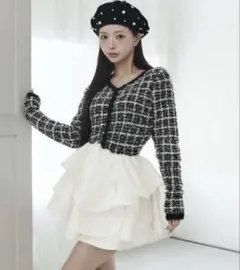 【Darich】ボリュームフリルツイードニットミニワンピース