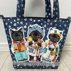 コヤンイサムチョントートバッグ 猫 パネル生地 デニム　黒猫　バミちゃん