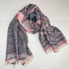 訳あり カシミヤタッチ 大判ストール マフラー 膝掛け グレー×ピンク