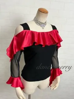 M-L　新品　社交ダンス　トップス　黒　赤　サテン　パソ　ラテン　2814